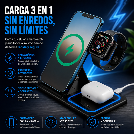 Cargador Inalambrico 3 En 1 Para Celular